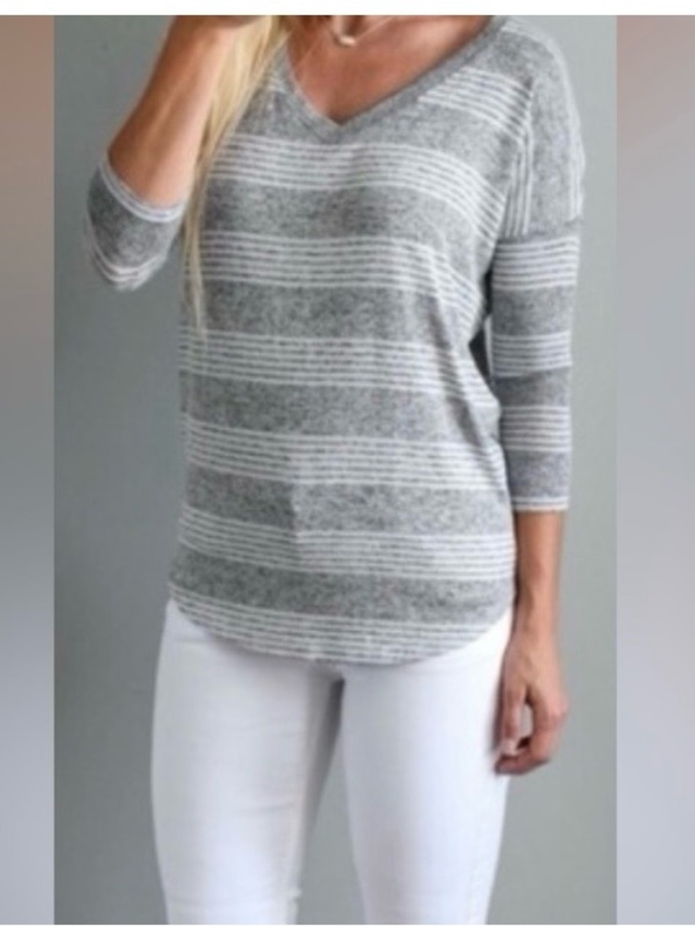 Market & Spruce Striped Knit V-Neck Top - Gray & White